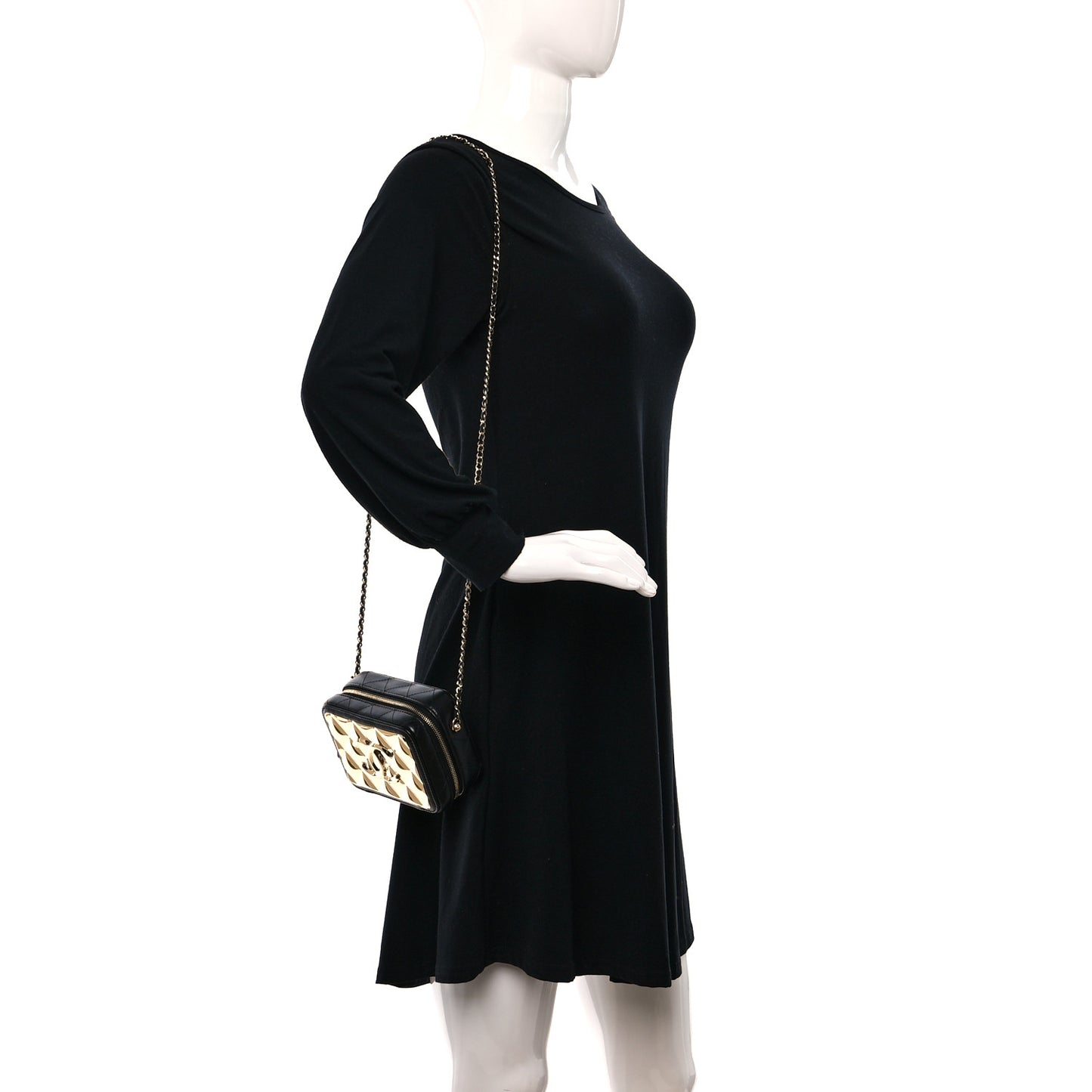 Lambskin Metal Quilted Mini Vanity Case With Chain Black Gold