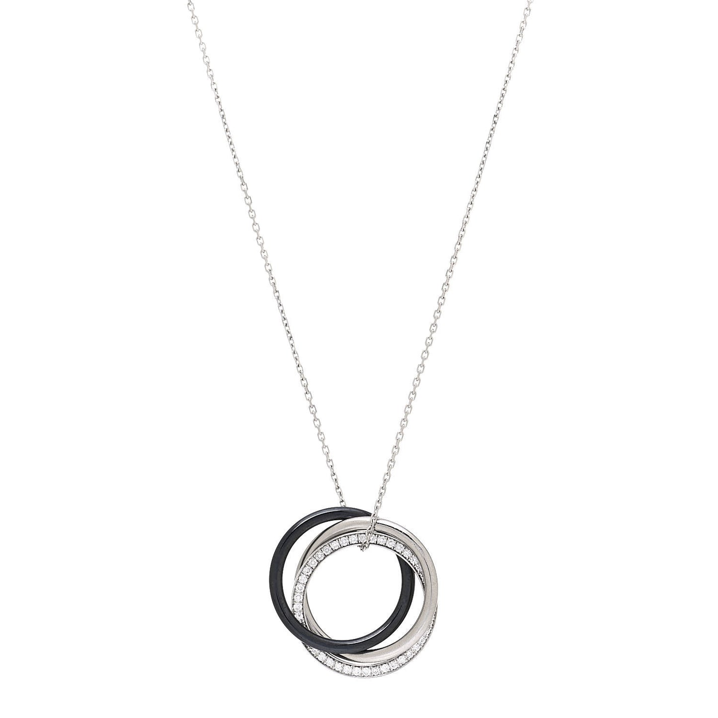 18K White Gold Palladium Black Ceramic Diamond Trinity Pendant Necklace