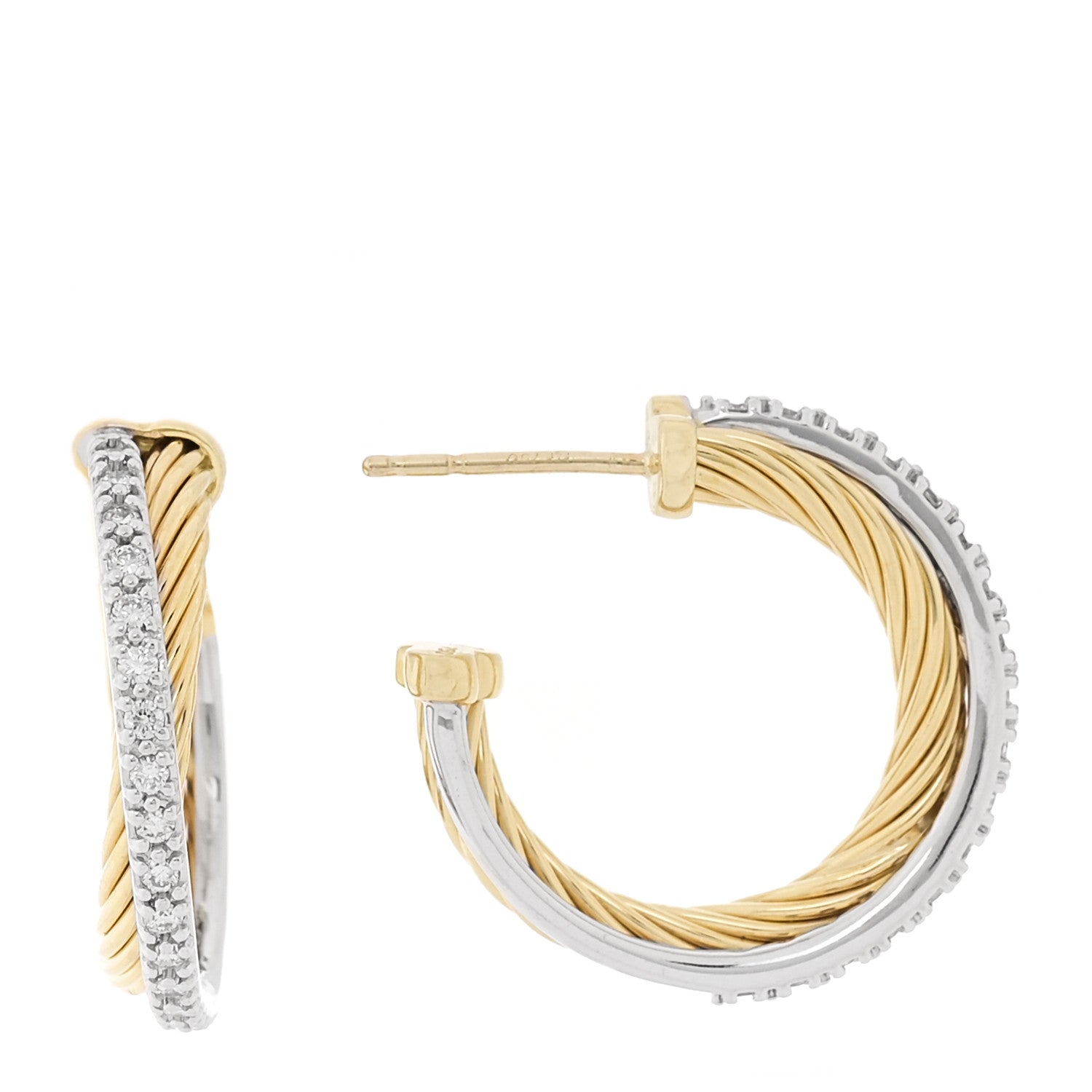 David Yurman 18K Yellow White Gold Diamond 23mm Crossover Cable Hoop Earrings 1 of 4