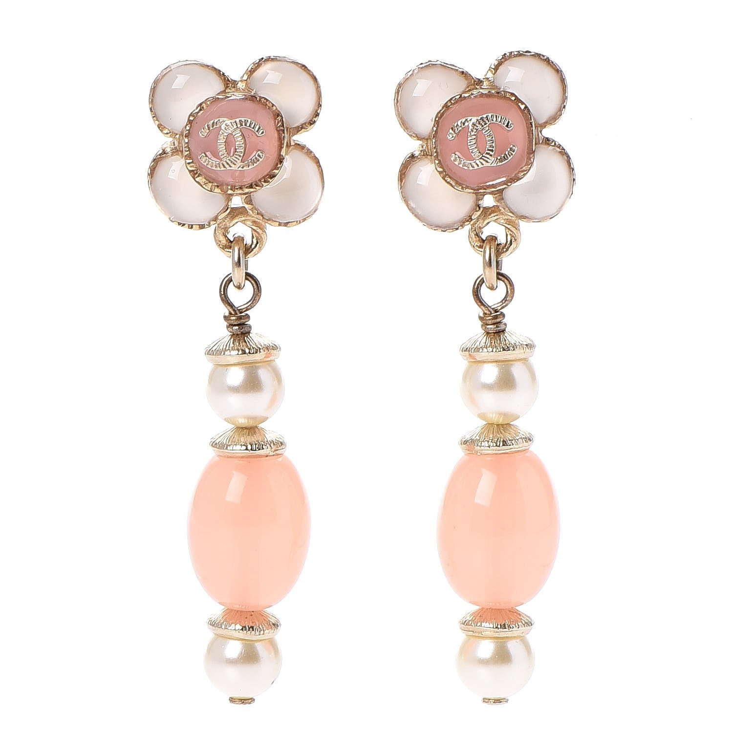 Chanel Resin Pearl CC Flower Drop Earrings Pink Beige 1 of 6