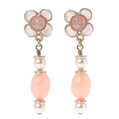 Chanel Resin Pearl CC Flower Drop Earrings Pink Beige 1 of 6