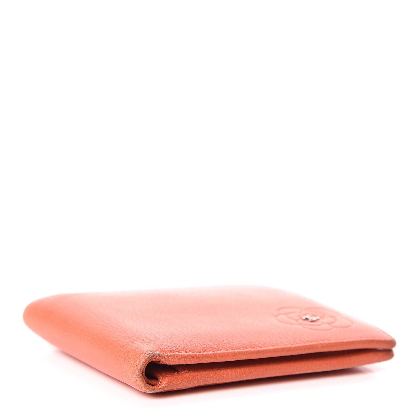 Goatskin Camellia Embossed Bi-Fold Wallet Coral