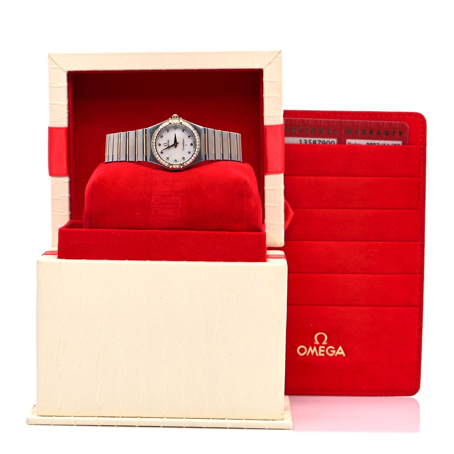 Omega Stainless Steel 18K Yellow Gold Diamond Bezel Mother of Pearl 25mm Constellation Iris Rainbow Multi-Stone Quartz Watch 1358.79.00 5 of 5