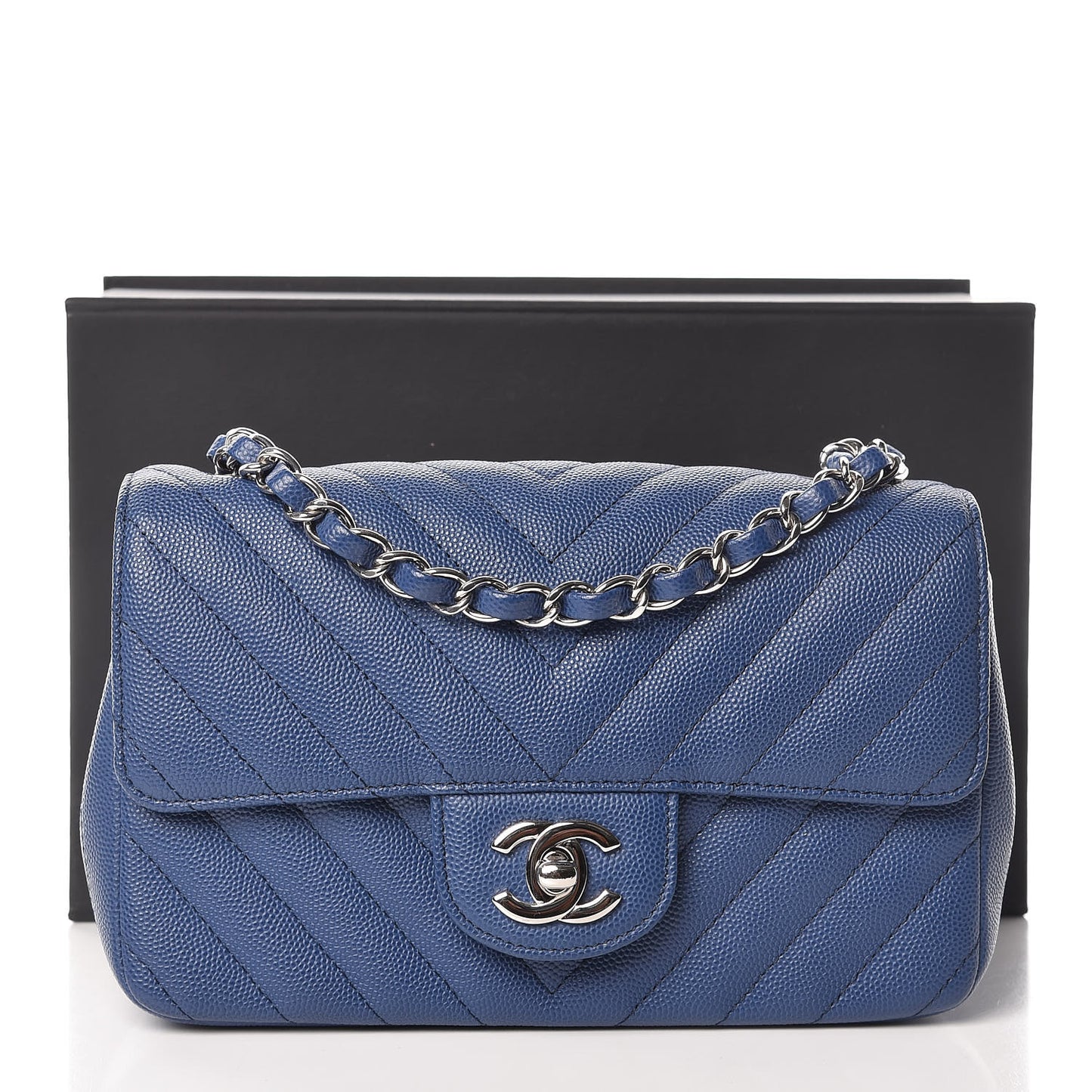 Caviar Chevron Quilted Mini Rectangular Flap Blue