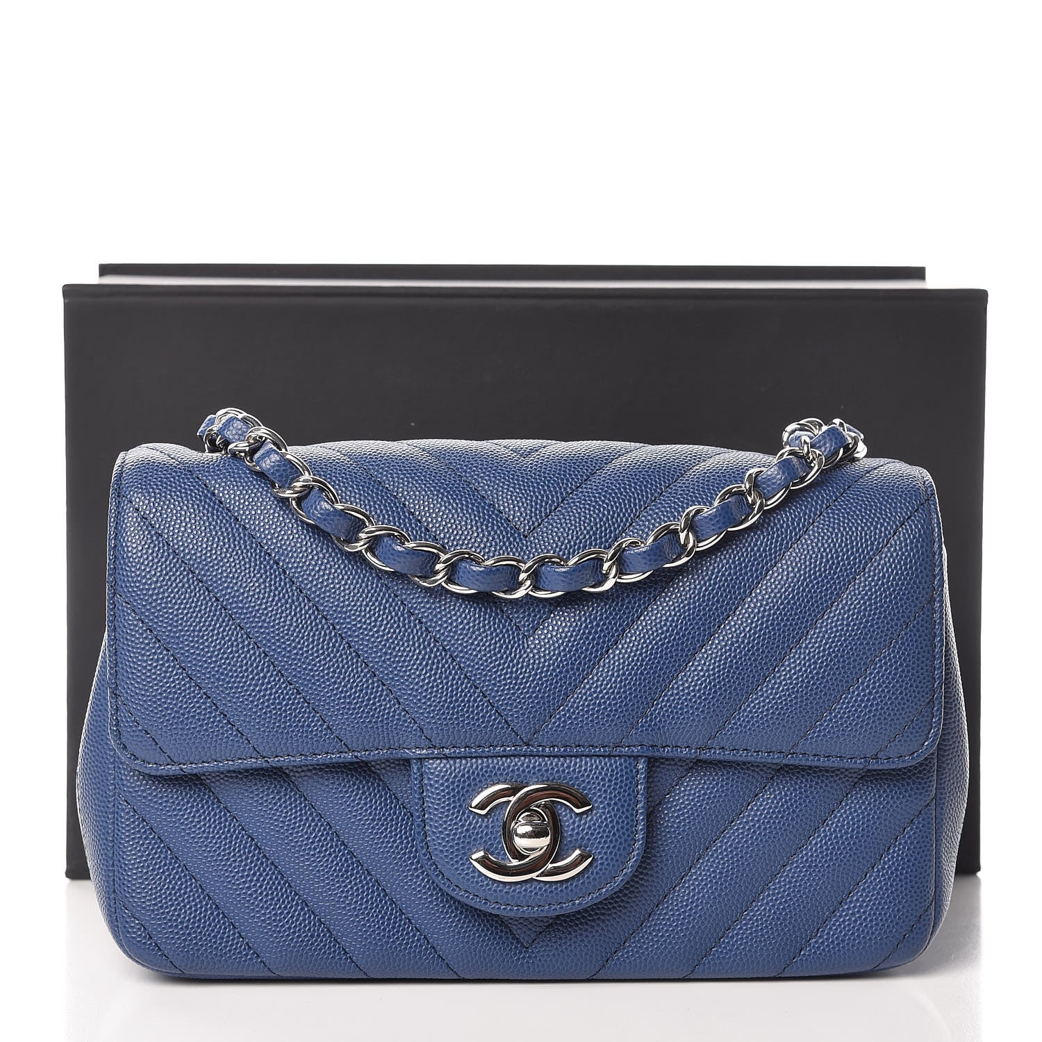Chanel Caviar Chevron Quilted Mini Rectangular Flap Blue 10 of 10