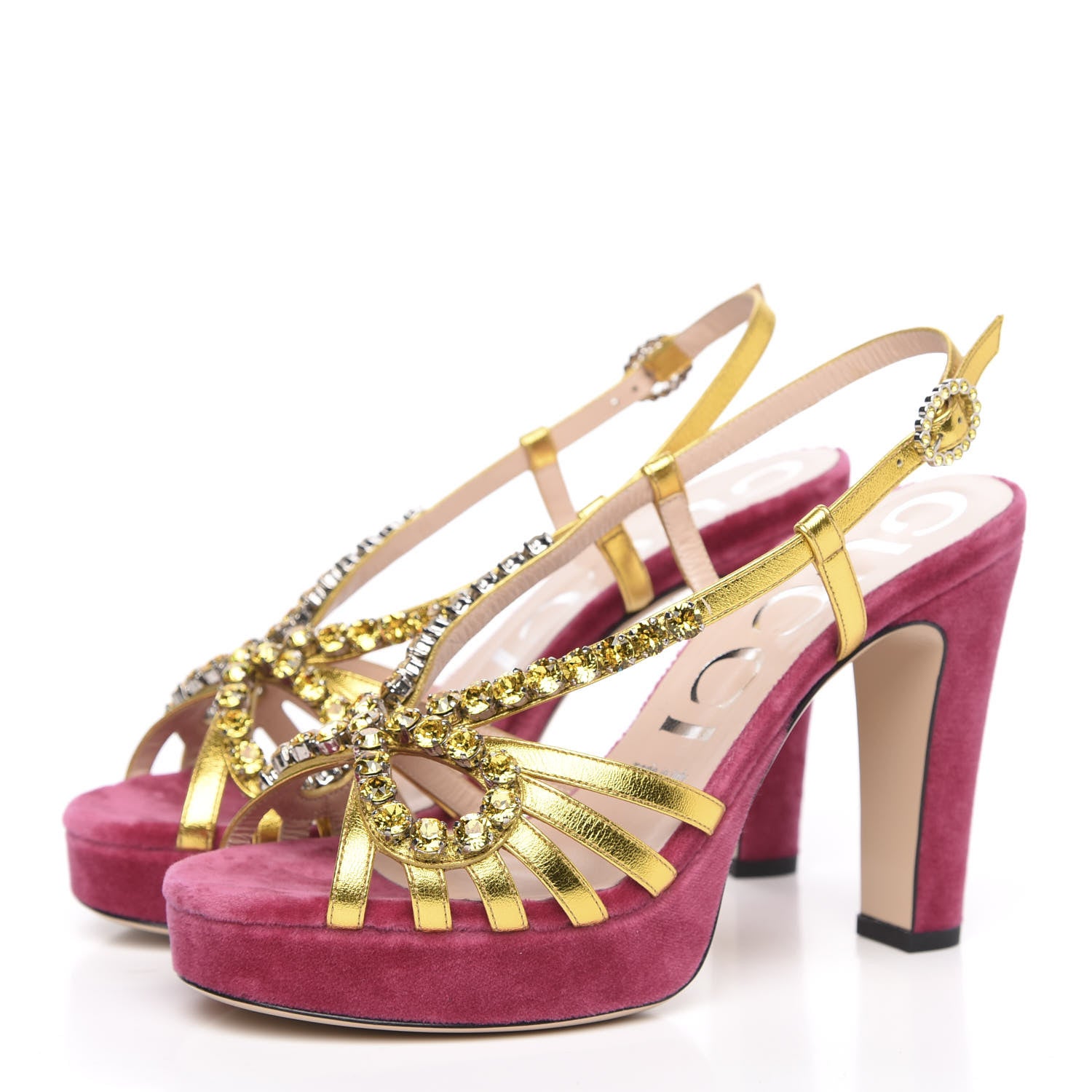 Gucci Velvet Nappa Crystal Zephyra Slingback Platform High Heel Sandals 37.5 Pink Gold 3 of 8