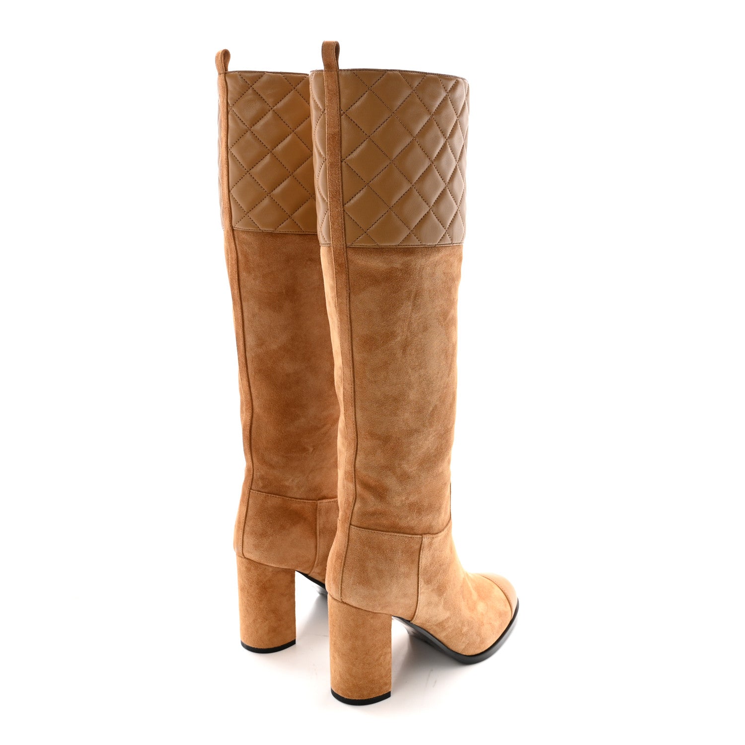 Chanel Suede Calfskin Lambskin Quilted Knee High Heel Boots 38 Beige 4 of 9