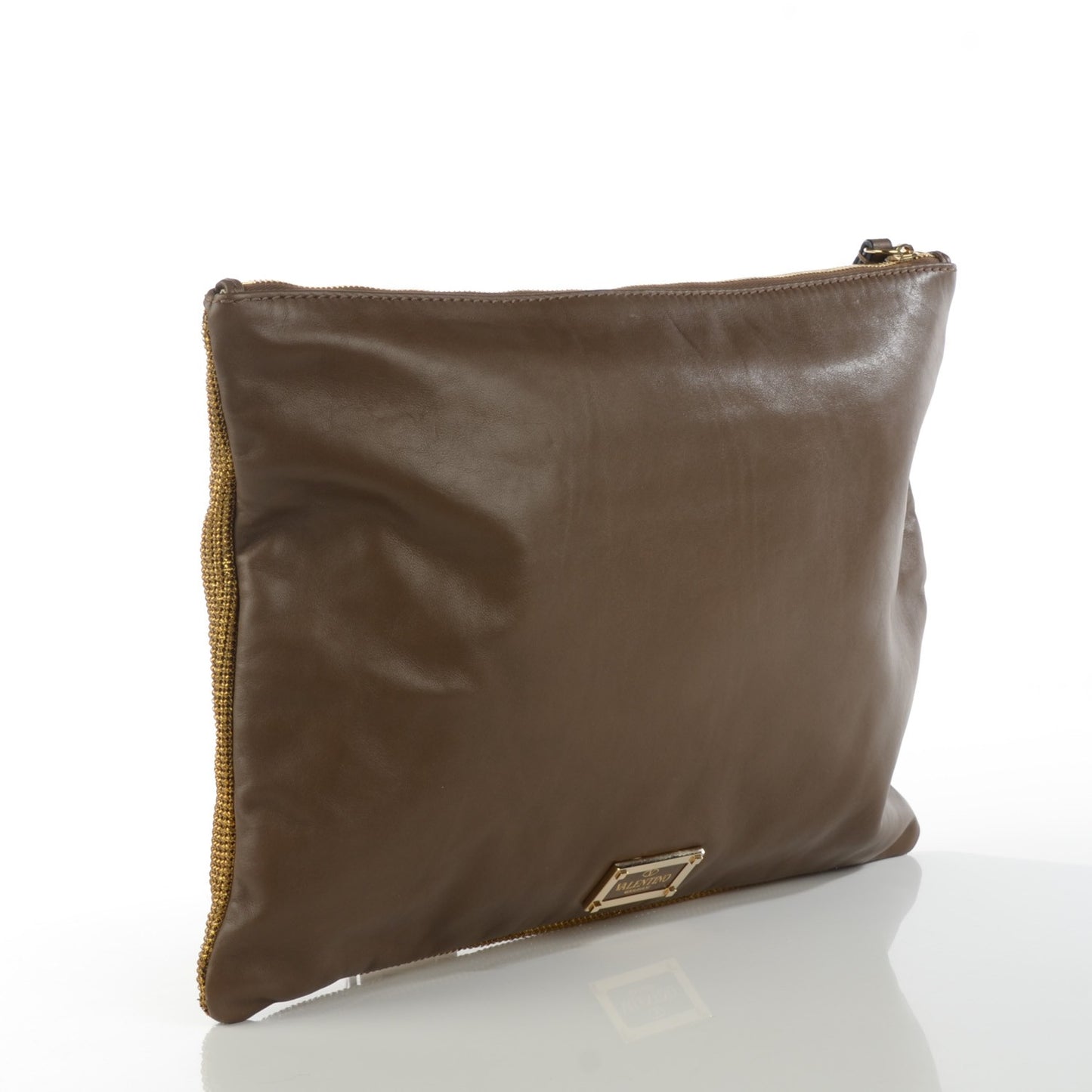 Metallic Mesh Vitello Rockstud Clutch Gold Dark Brown