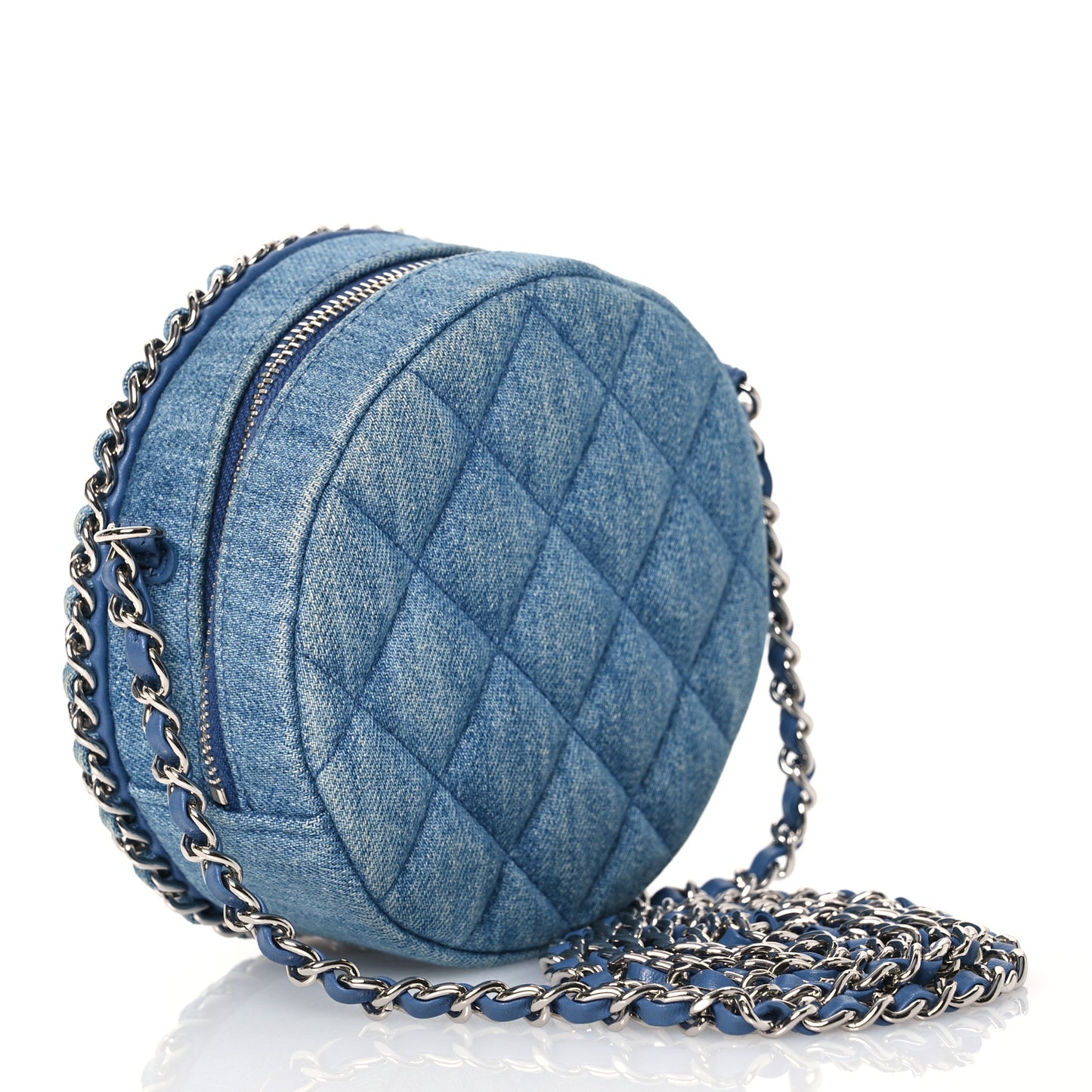 Denim Quilted Round Clutch With Chain Blue