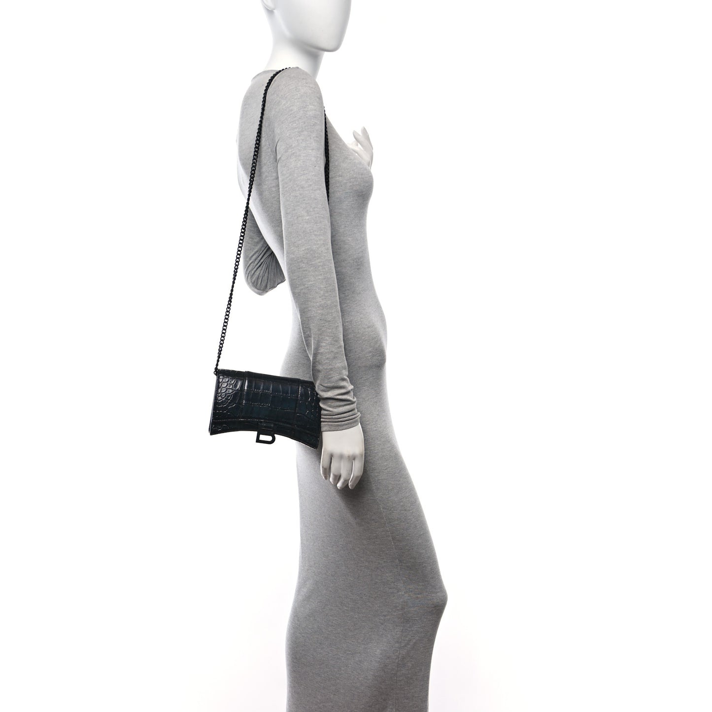 Shiny Calfskin Monochrome Crocodile Embossed Hourglass Chain Bag Black
