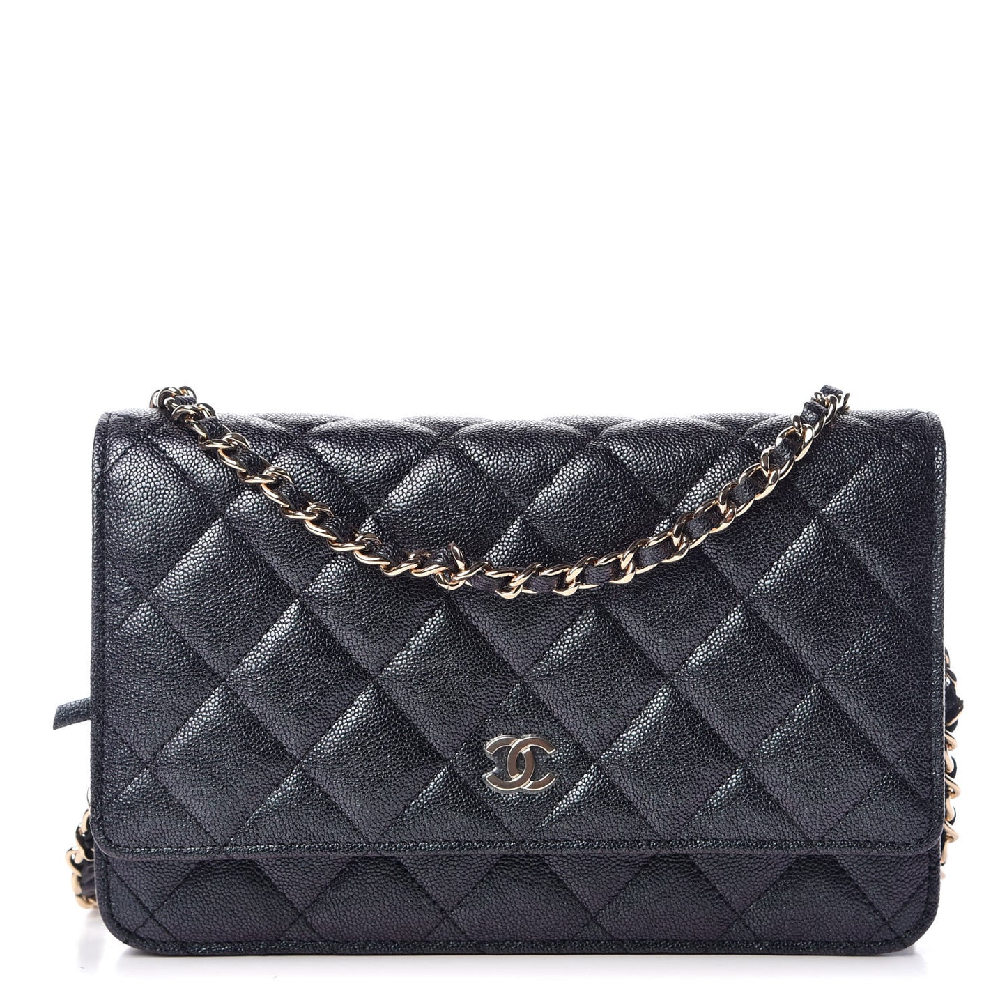 Iridescent Caviar Quilted Wallet On Chain WOC Black