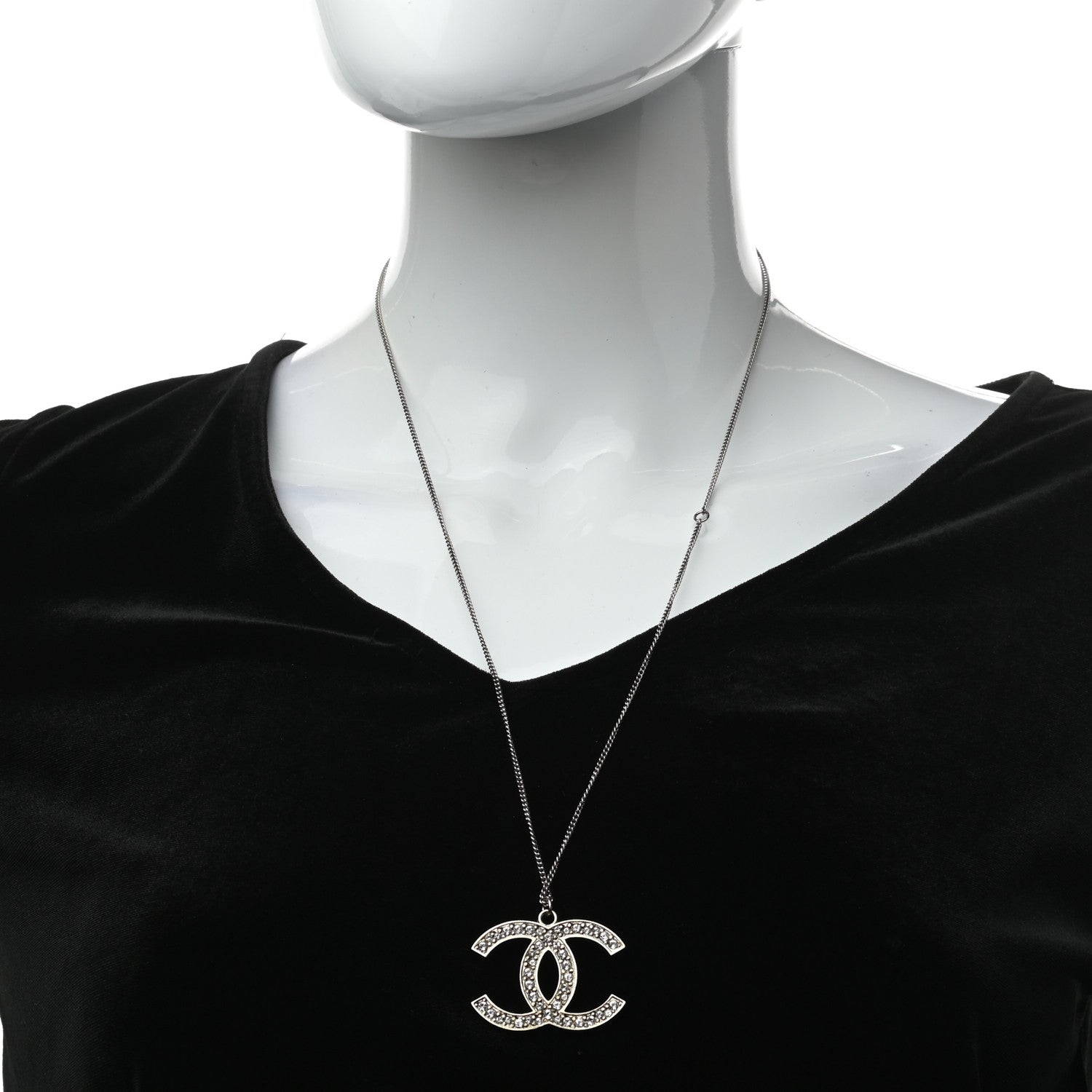 Chanel Crystal CC Pendant Necklace Silver 2 of 5