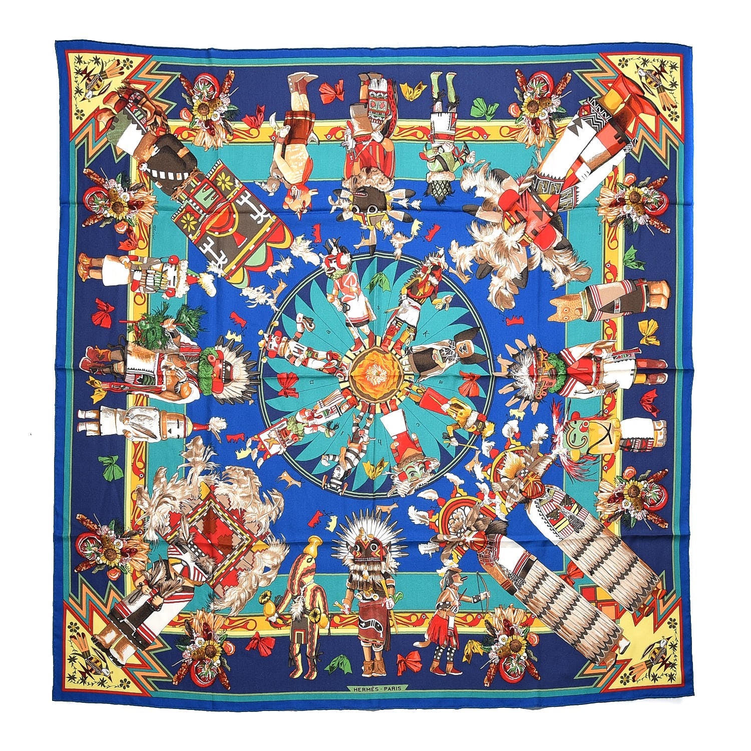 Hermes Cashmere Silk Kachinas Shawl 140 Cobalt Canard Jaune 1 of 4