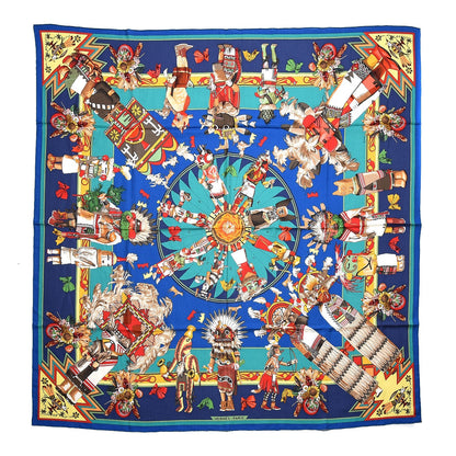 Hermes Cashmere Silk Kachinas Shawl 140 Cobalt Canard Jaune 1 of 4