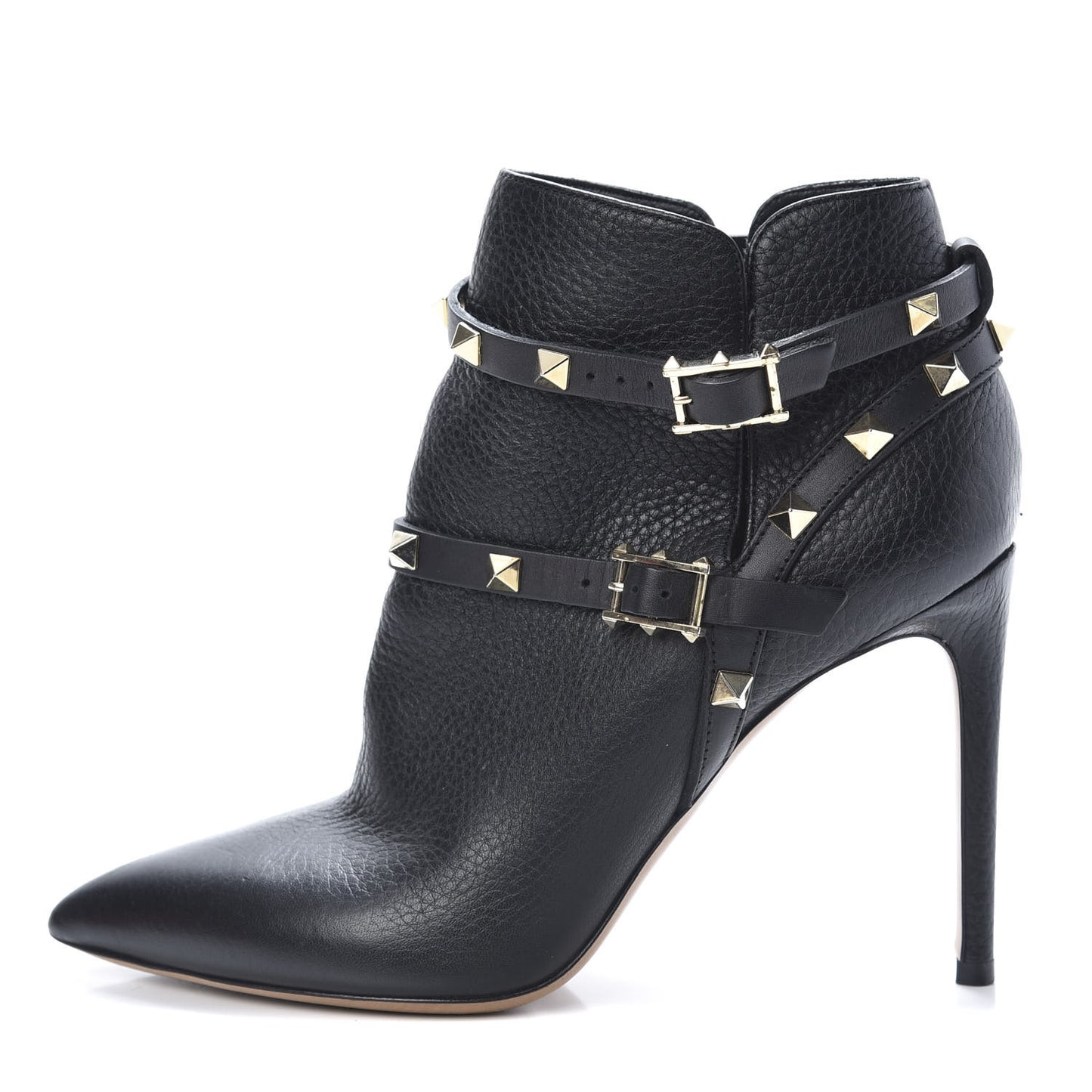 Pebbled Calfskin Rockstud Double Buckle 100mm Ankle Boots 36.5 Black