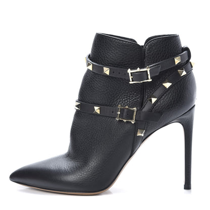 Valentino Garavani Pebbled Calfskin Rockstud Double Buckle 100mm Ankle Boots 36.5 Black 1 of 11