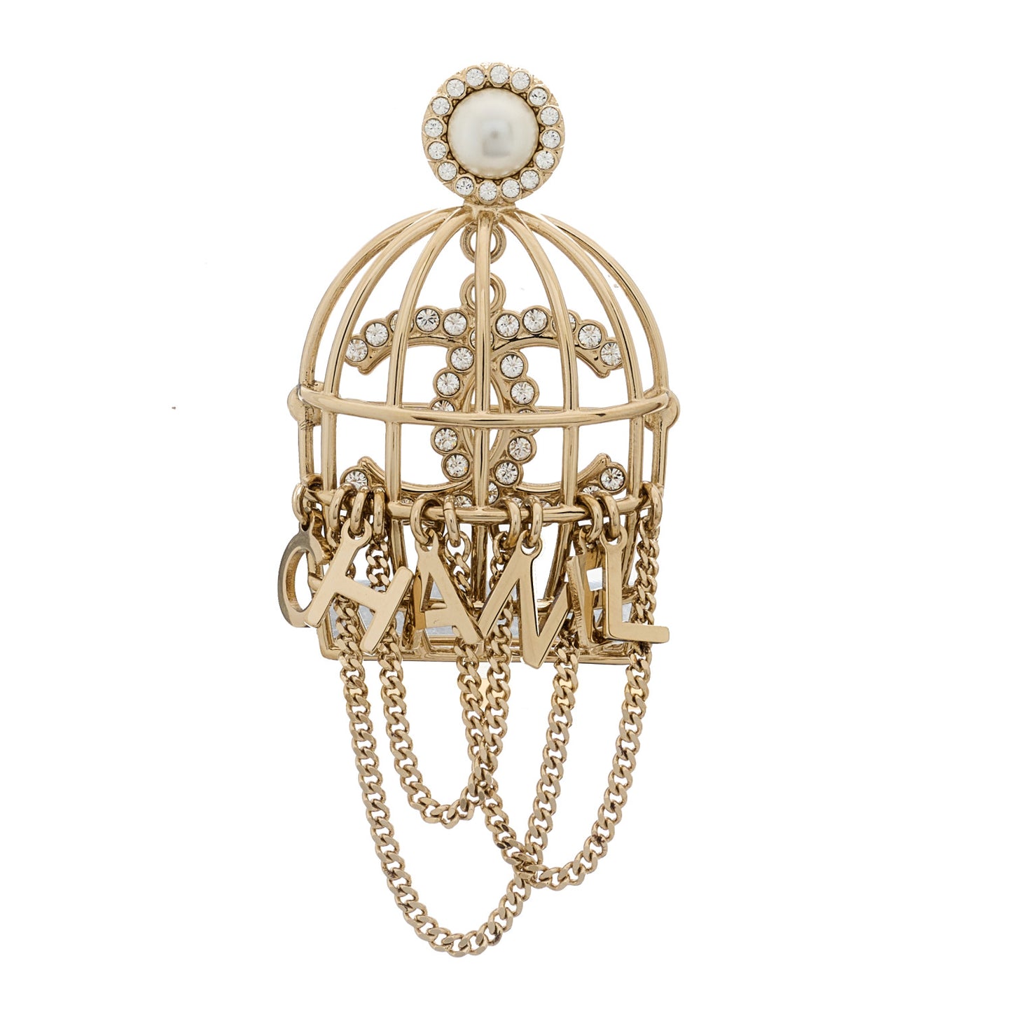 Pearl Crystal Birdcage Pin Brooch Light Gold