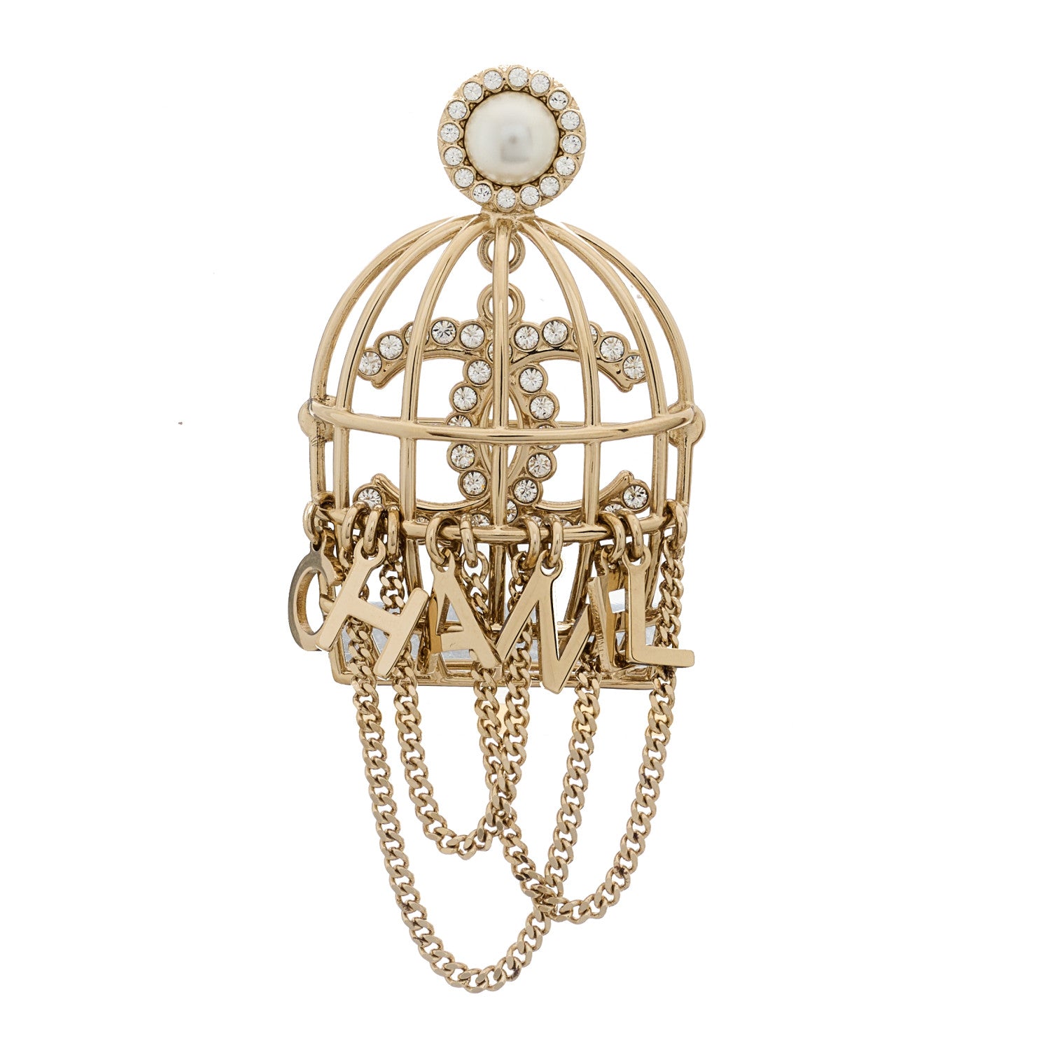 Chanel Pearl Crystal Birdcage Pin Brooch Light Gold 1 of 5