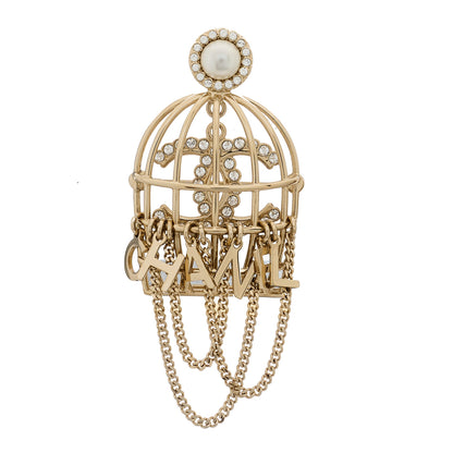 Chanel Pearl Crystal Birdcage Pin Brooch Light Gold 1 of 5