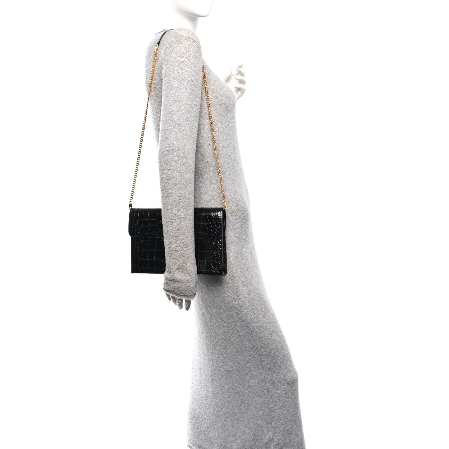 Calfskin Crocodile Embossed Medium Monarch Bag Black