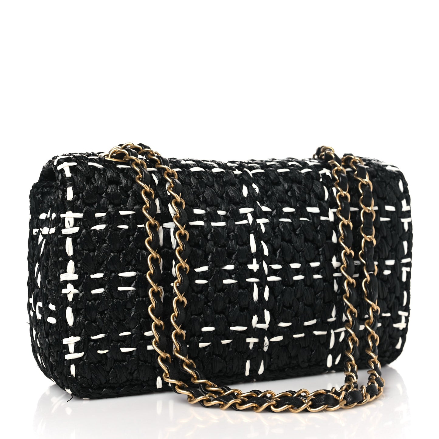 Raffia Effect Medium Tweedy Flap Bag Black White