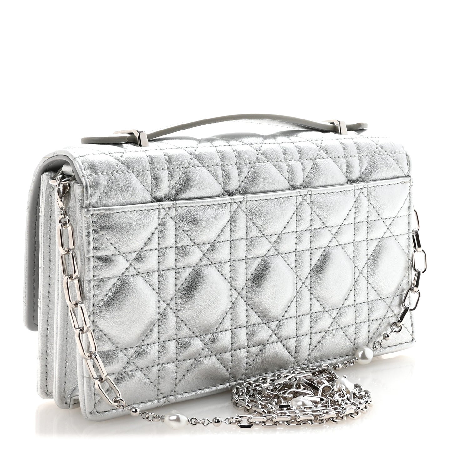 Metallic Lambskin Cannage Mini My Dior Top Handle Clutch Silver