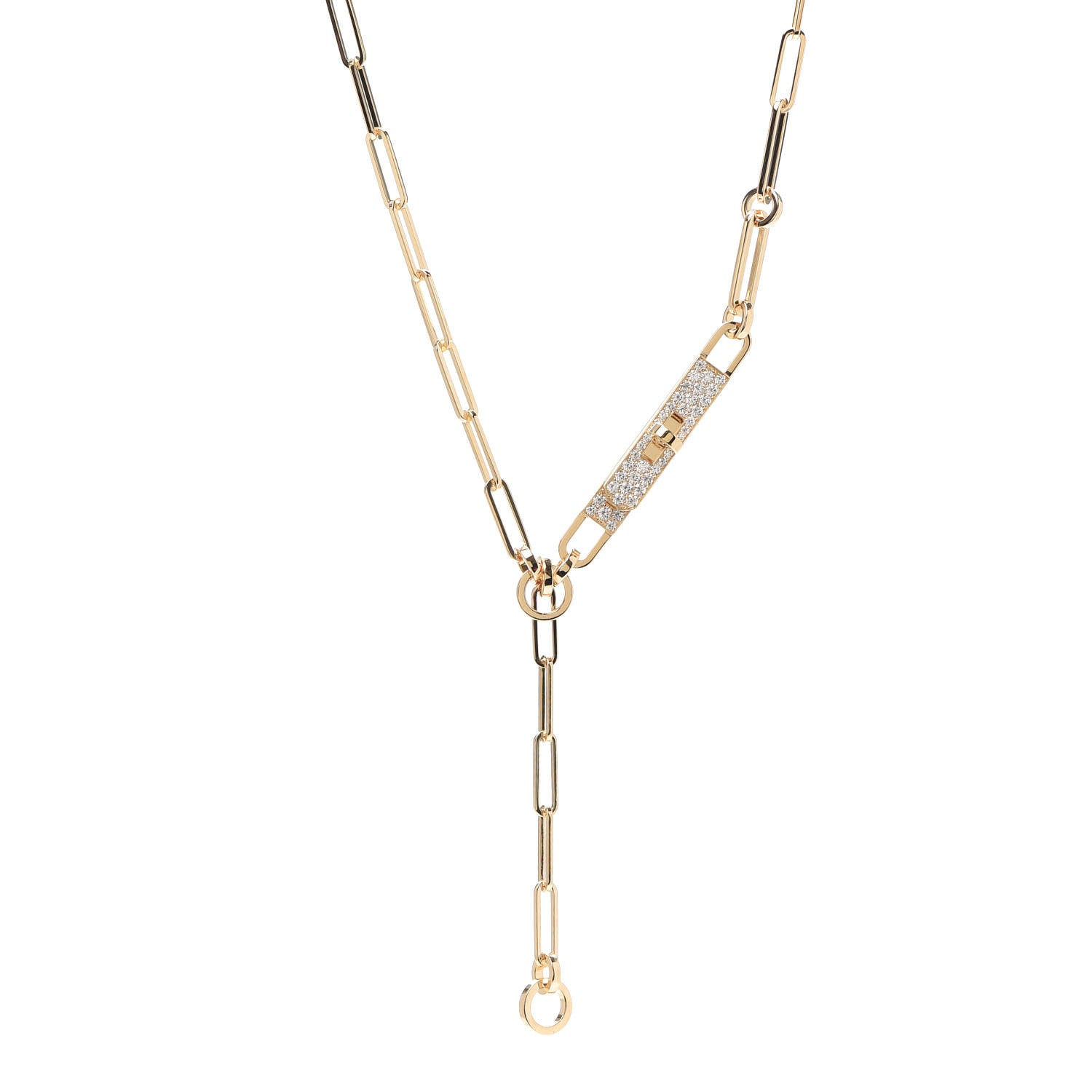 Hermes 18K Yellow Gold Diamond Pave PM Kelly Chaine Lariat Necklace ST 1 of 5
