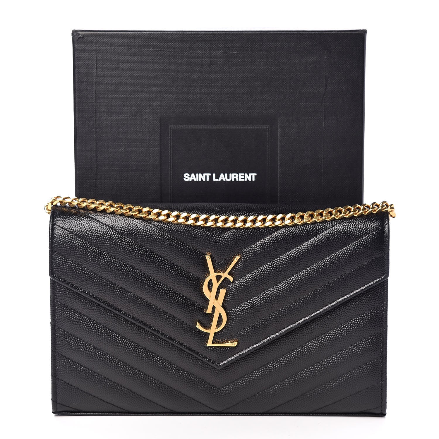 Saint Laurent Grain De Poudre Matelasse Chevron Monogram Chain Wallet Black 9 of 9