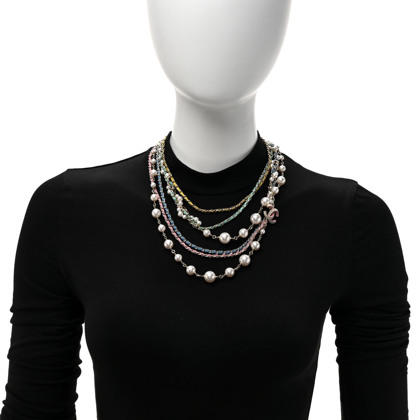 Pearl Crystal Lambskin CC Short Multi Strand Necklace Gold Multicolor