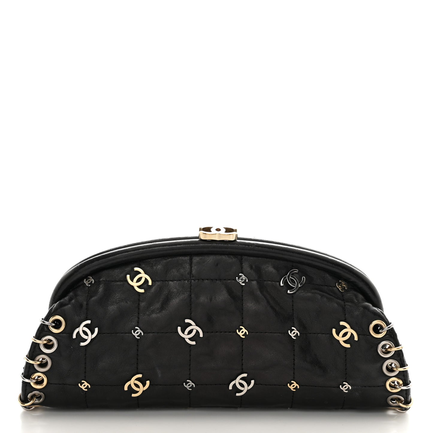 Calfskin Square Quilted Grommet Embellished Piercing Chic Clutch Black