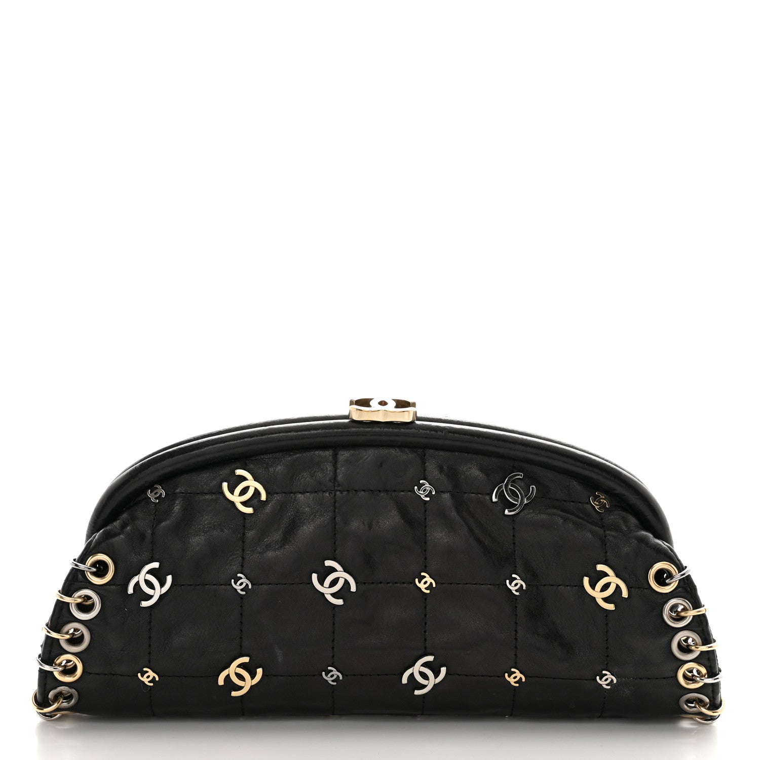 Chanel Calfskin Square Quilted Grommet Embellished Piercing Chic Clutch Black 1 of 15