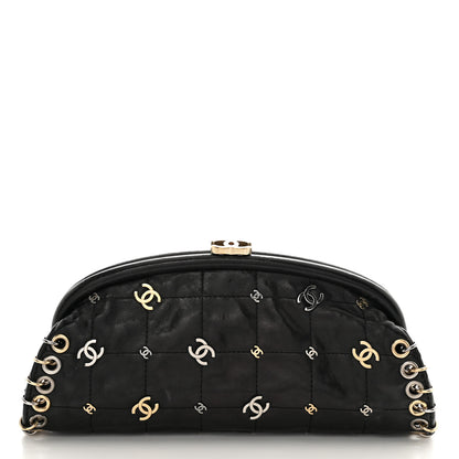 Chanel Calfskin Square Quilted Grommet Embellished Piercing Chic Clutch Black 1 of 15