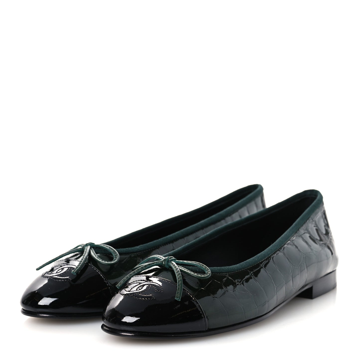 Crocodile Embossed Patent Calfskin Ballet Flats 38.5 Dark Green Black