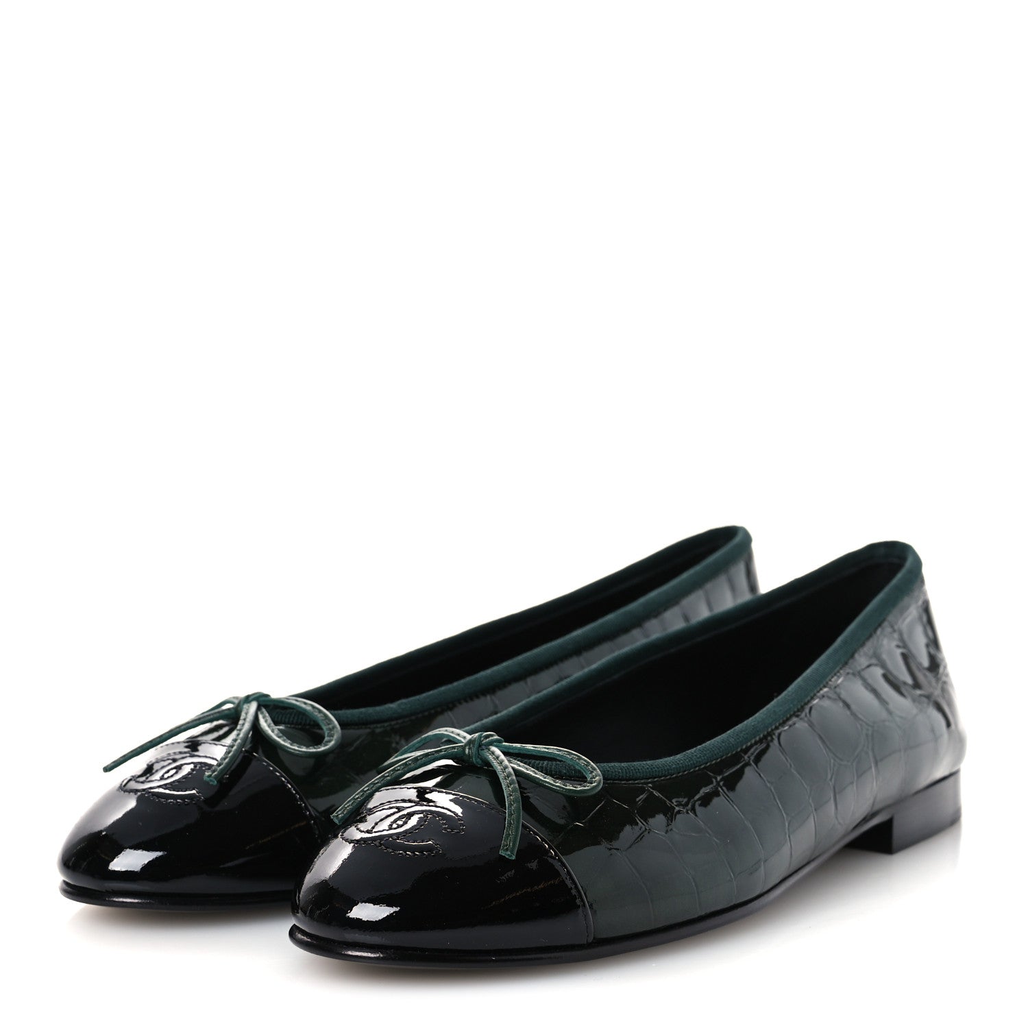 Chanel Crocodile Embossed Patent Calfskin Ballet Flats 38.5 Dark Green Black 4 of 11
