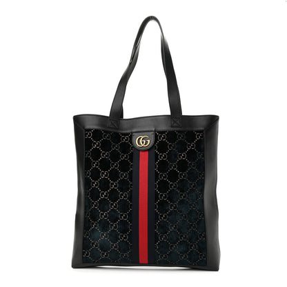Gucci Velvet GG Monogram Textured Calfskin Web Large Ophidia Vertical Shopping Tote Blue Beige Black 1 of 11