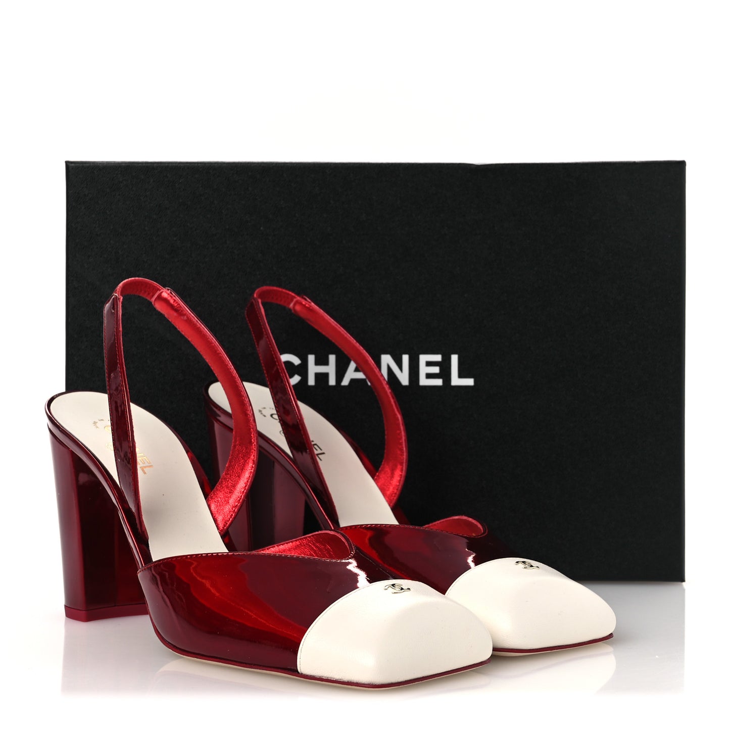 Laminated Calfskin Lambskin Cap Toe CC Slingback Pumps 40 Red Ivory