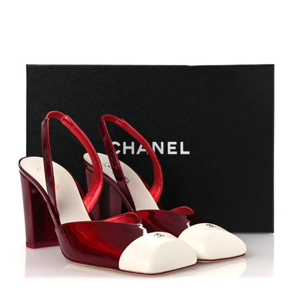 Chanel Laminated Calfskin Lambskin Cap Toe CC Slingback Pumps 40 Red Ivory 12 of 12