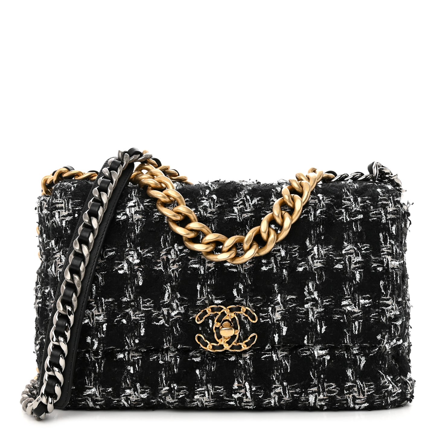 Tweed Quilted Large Chanel 19 Flap Black Silver Ecru
