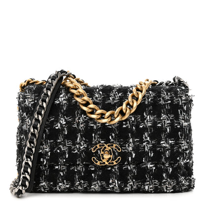 Chanel Tweed Quilted Large Chanel 19 Flap Black Silver Ecru 1 of 11