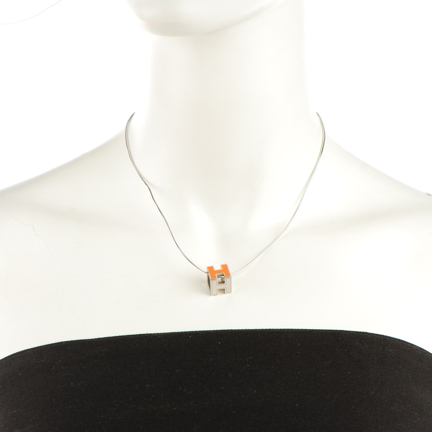 Hermes Lacquered Palladium Cage d'H Pendant Necklace Orange 2 of 5
