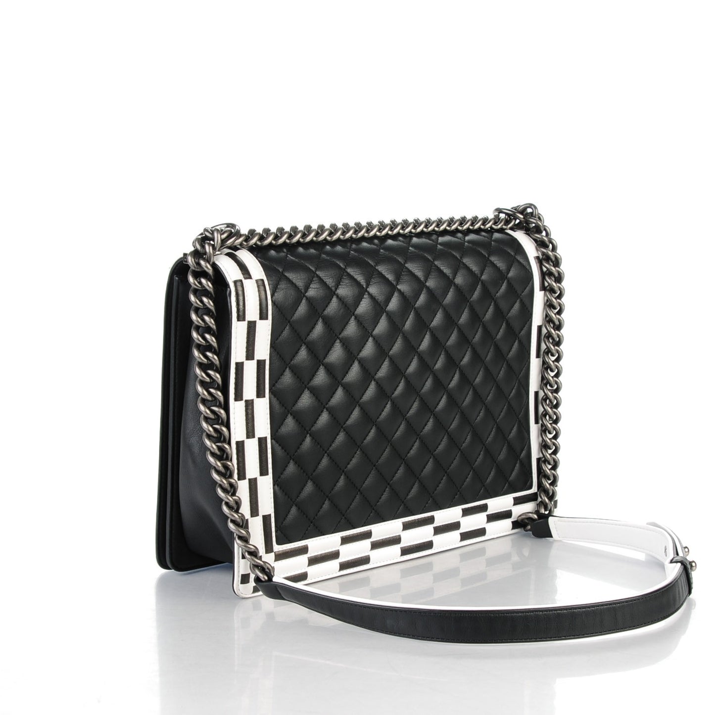 Calfskin Quilted Checkerboard Trim Large Boy Flap Black White