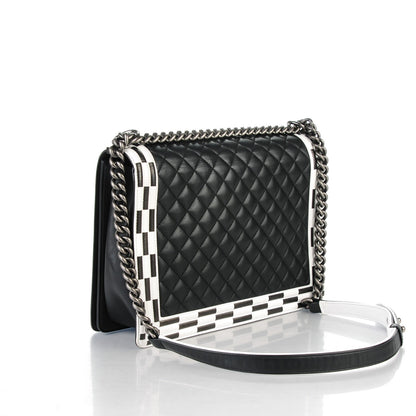 Chanel Calfskin Quilted Checkerboard Trim Large Boy Flap Black White 3 of 8