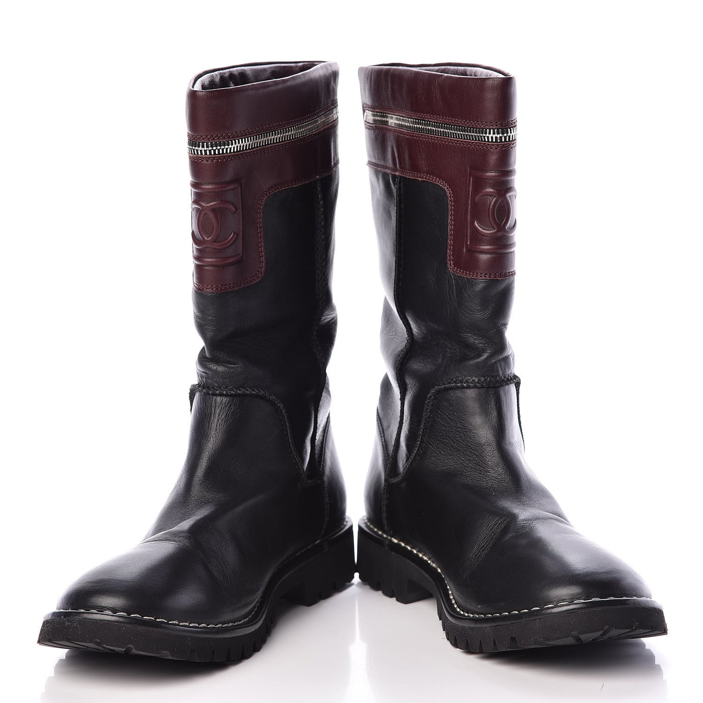 Calfskin Motorcycle Zipper Boots 40.5 Black Burgundy