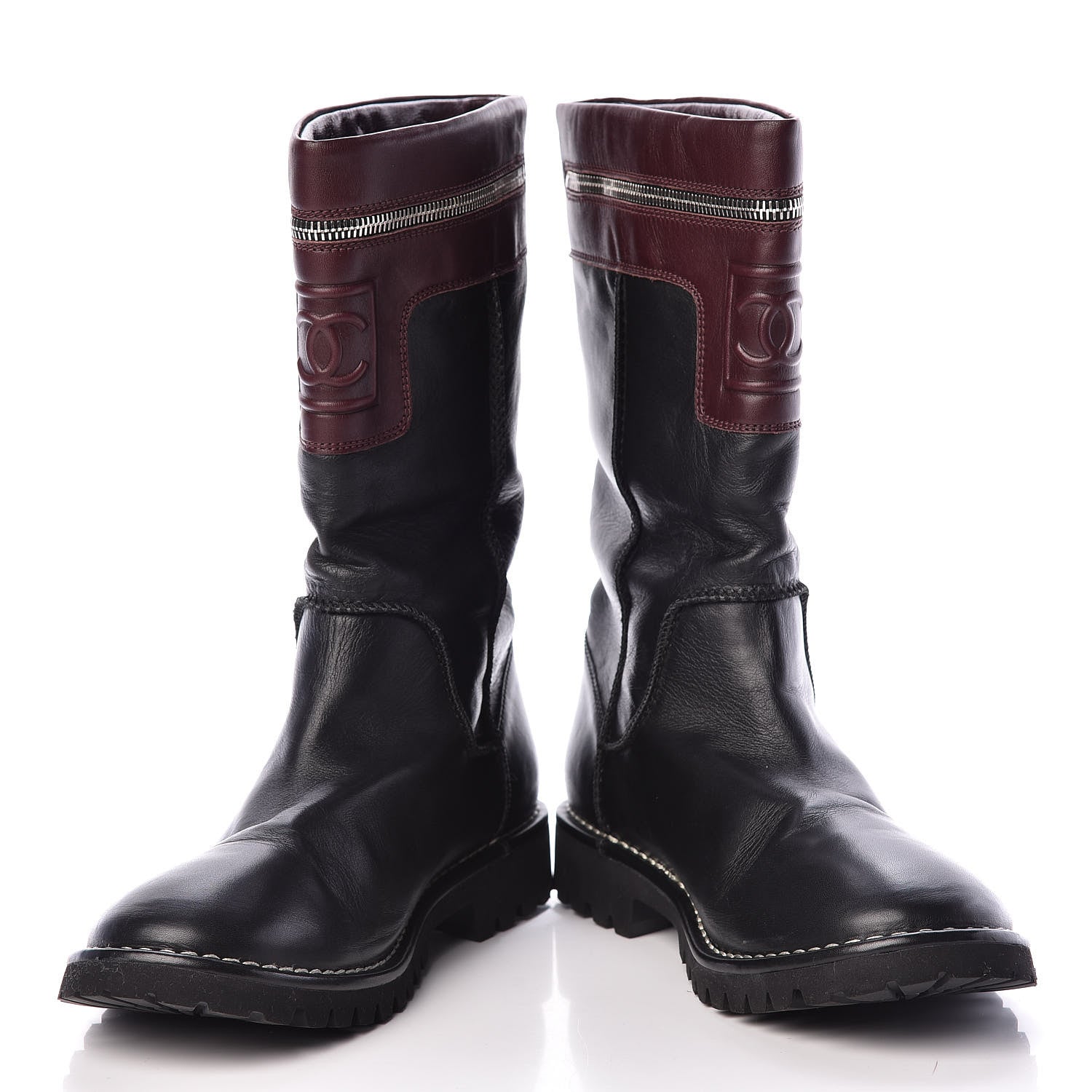 Chanel Calfskin Motorcycle Zipper Boots 40.5 Black Burgundy 5 of 12