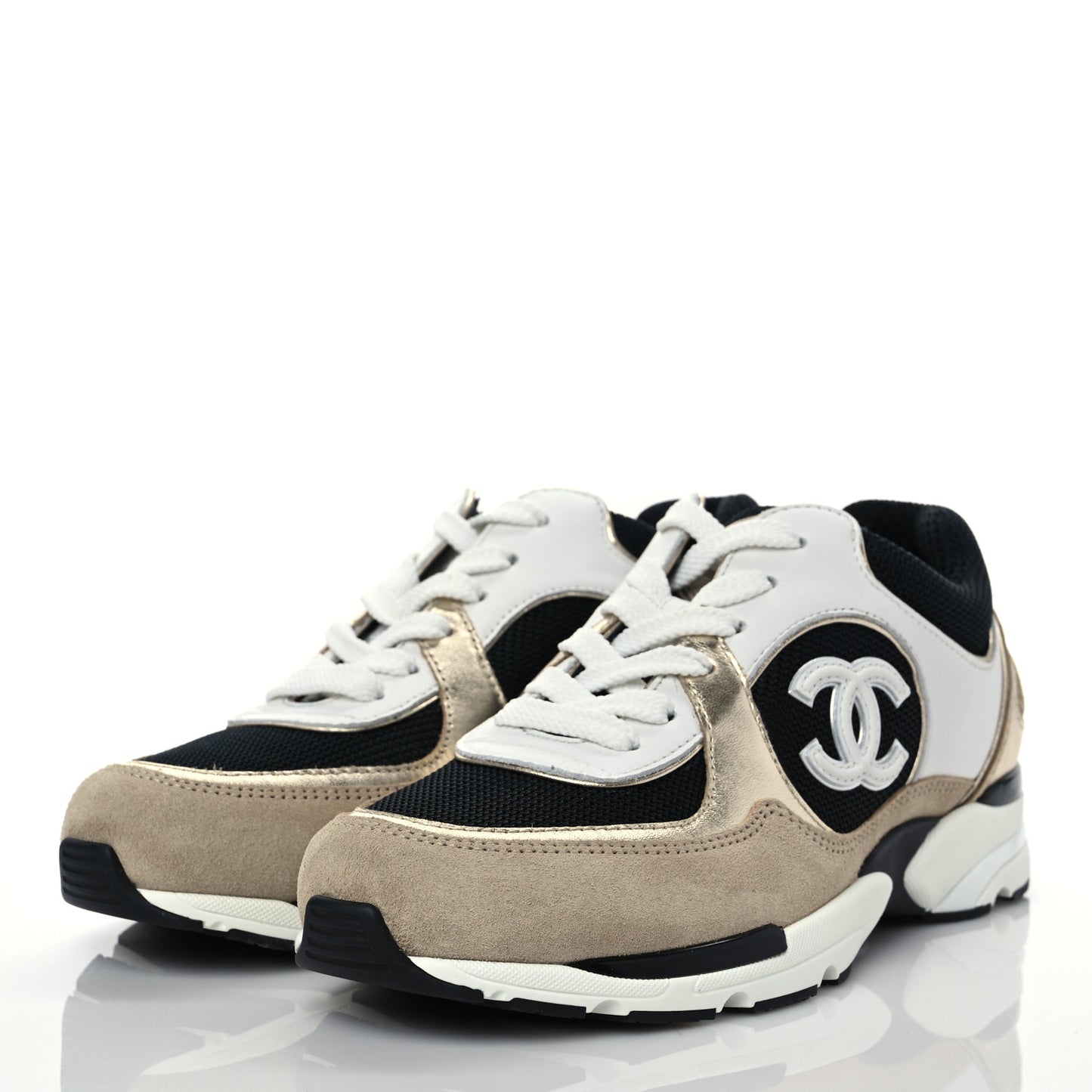 Mesh Suede Calfskin Womens CC Sneakers 35.5 White Black Beige Gold