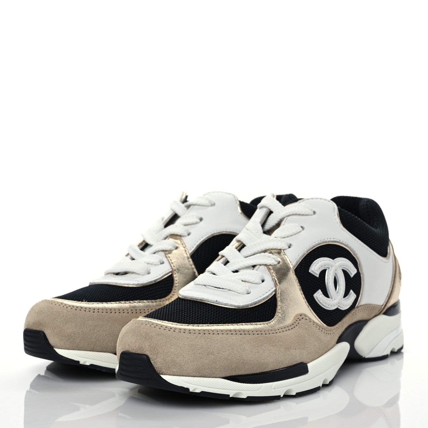 Chanel Mesh Suede Calfskin Womens CC Sneakers 35.5 White Black Beige Gold 2 of 9