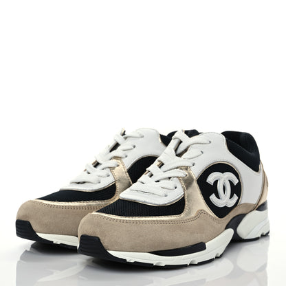 Chanel Mesh Suede Calfskin Womens CC Sneakers 35.5 White Black Beige Gold 2 of 9
