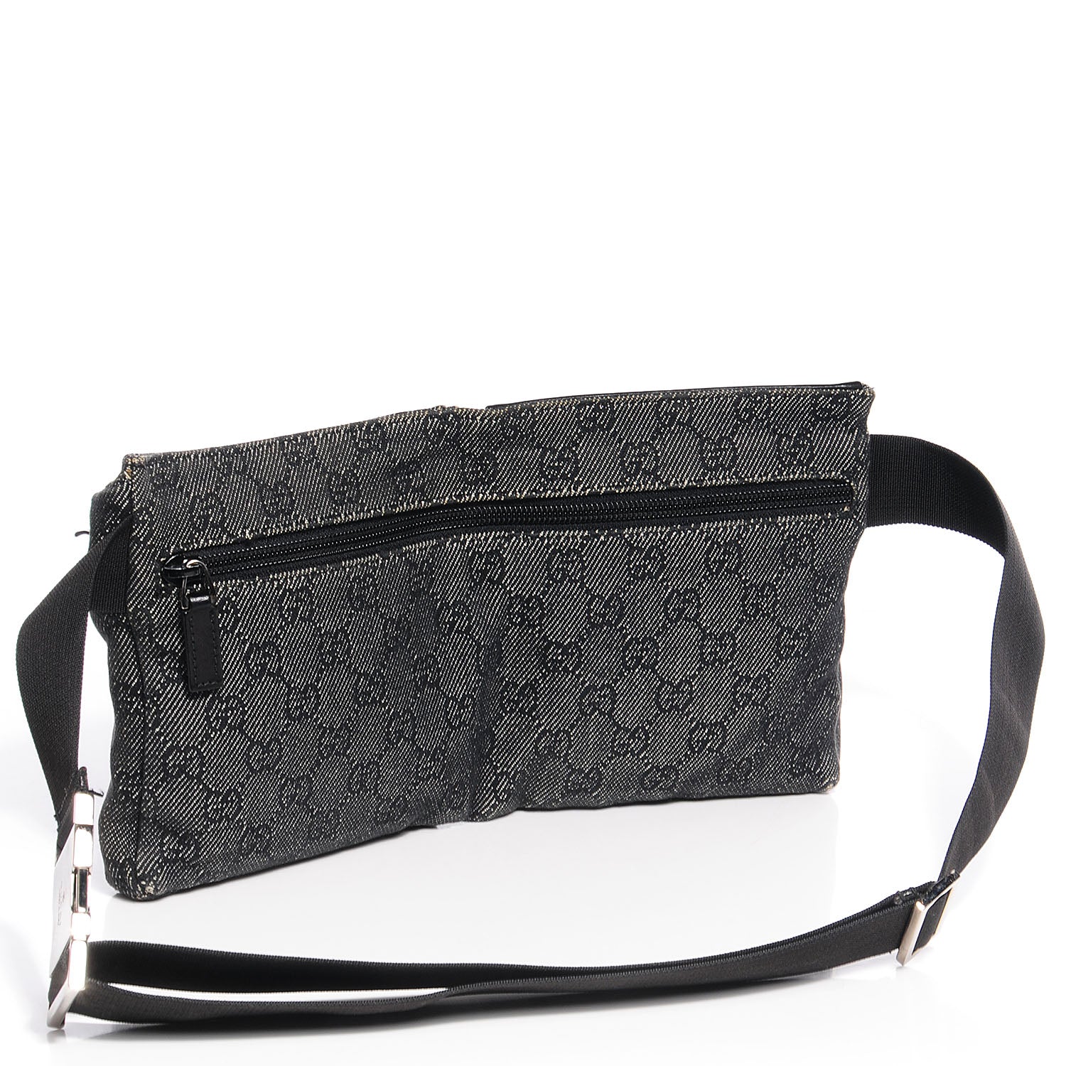 Gucci Denim Monogram Double Pocket Belt Bag Black 3 of 8