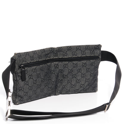 Gucci Denim Monogram Double Pocket Belt Bag Black 3 of 8