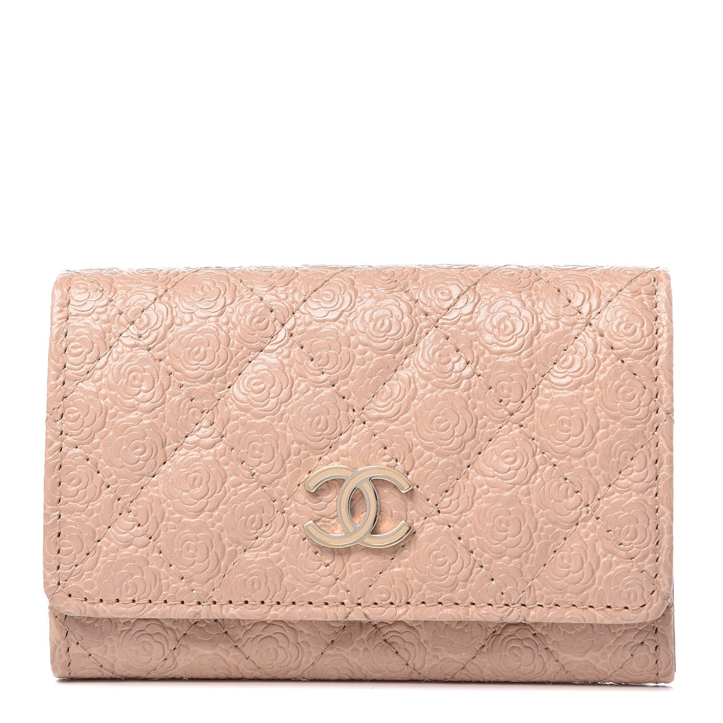 Camellia Calfskin Embossed Quilted Flap Card Holder Beige